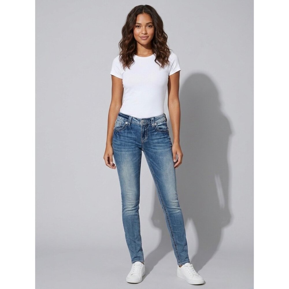 Miss Me Rhinestone Wing Distressed Skinny Jeans | McBling Y2K Early 2010s Tumblr - Picture 14 of 16